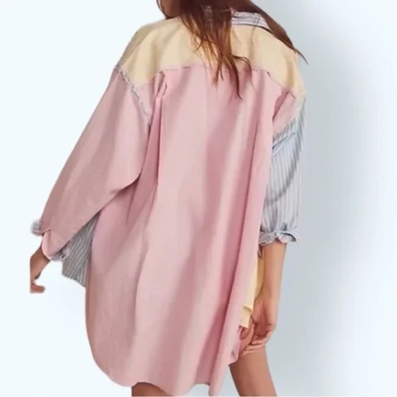 Free People Pink and Blue Striped Oversized Button down MultiPrint - Picture 2 of 4